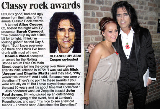 Ciel Press Express Alice Cooper  Sarah Cawood Ciel Silver Grecian Dress Classic Rock Awards Nov 2010