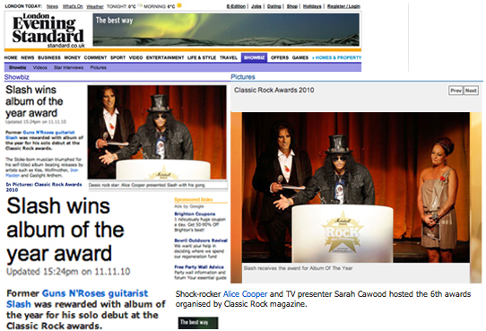 Ciel Press Evening Standard Classic Rock Awards Winner Slash with presenters Alice Cooper and Sarah Cawood Ciel Silver Dress 2010