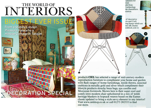 <span style='color: #ffffff;'>Cielshop As Seen In World of Interiors October 2014 Cover Design Report - Decorex Design week Issue - Retro modern eames style upholstered chair -eiffel wire frame base-</span>